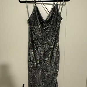 Bardot Gray Sequin Mini Dress with Cowl Neck and Spaghetti Straps